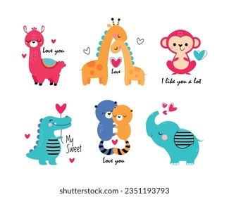 Funny Animal in Love Feel Passion at Valentine Day Vector Illustration Set