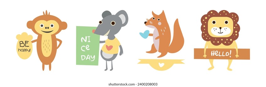 Funny Animal with Lovely Text Banner Greeting Vector Set