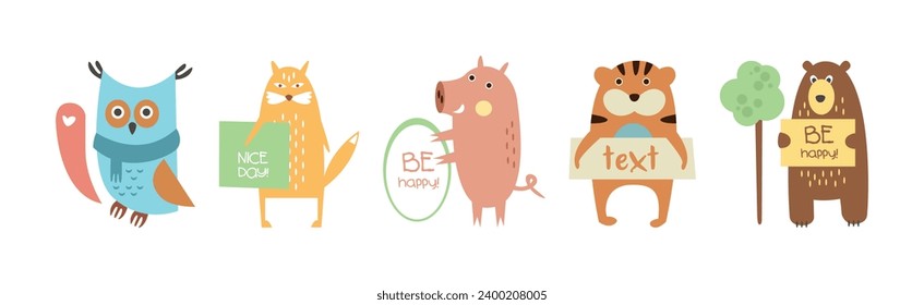 Funny Animal with Lovely Text Banner Greeting Vector Set