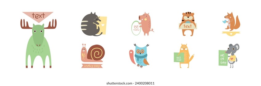 Funny Animal with Lovely Text Banner Greeting Vector Set