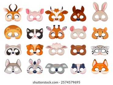 Funny animal masks. Cartoon photo booth props, kids birthday party accessories, masquerade attributes, giraffe, deer, fox faces, wild and domestic mammals isolated vector set