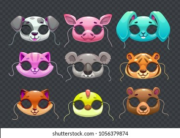 Funny animal masks. Masquerade costume elements. Isolated vector icons set.