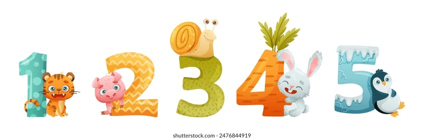 Funny Animal with Numbers and Numeral Vector Set