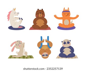 Animales divertidos en yoga mate Practicando Asana y Stretching Vector Ilustración Set