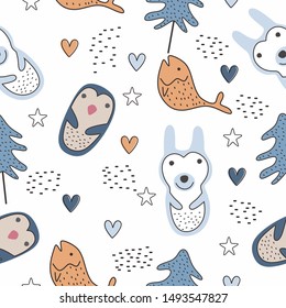 Funny animal pattern with bear and penguin seamless drawing vector illustration for fashion textile print