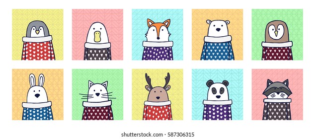 Funny animal: penguin, goose, fox, bear, owl, rabbit, cat, deer, raccoon and panda. Collection of hand drawn vector card with animal 