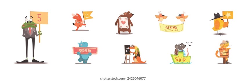 Funny Animal and Pet with Various Message on Placard Vector Set