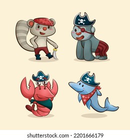 Funny animal pirate characters cartoon illustration collection