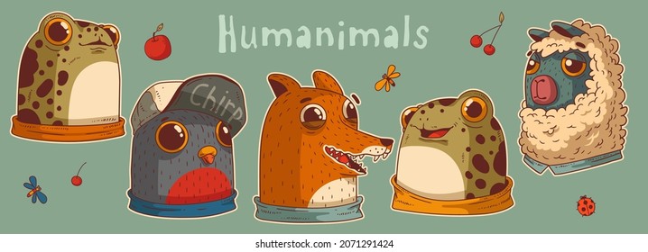 Funny animal portraits vector set. Cute isolated cartoon heads of frog, pigeon, fox and alpaca. Humanized animal characters with various emotions. Sticker pack worthy