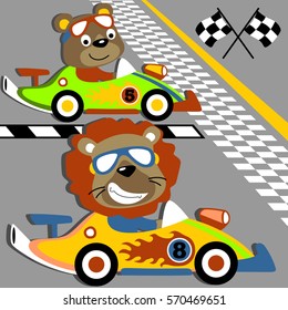 Funny animal racing car championship, cute bear and lion on racing car, vector cartoon illustration. Eps 10