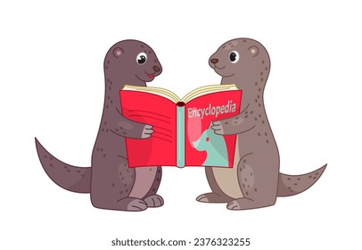 Funny animal read book. Cute brown otters with textbook or fiction. Love for reading. Hobby and leisure. Template and layout. Cartoon flat vector illustration isolated on white background