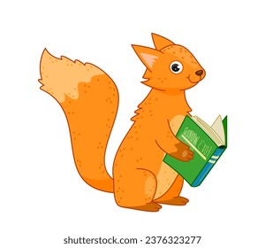 Funny animal read book. Cute orange squirrel with textbook or fiction. Imagination and fanatsy. Knowledge and information. Cartoon flat vector illustration isolated on white background