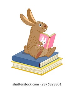 Un divertido libro de lectura para animales. Conejo marrón lindo con libro de texto o ficción. Educación, estudio y formación. Elemento gráfico para el sitio web. Dibujo vectorial plano de dibujos animados aislado en fondo blanco