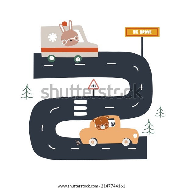Funny animal ride in cartoon cars. Kids\
graphic. Vector hand drawn\
illustration.