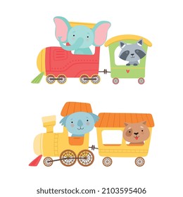 Funny Animal Riding Steam Train Having Adventure Vector Set