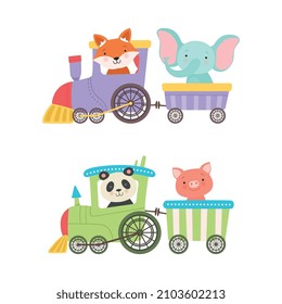 Funny Animal Riding Steam Train Having Adventure Vector Set