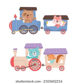 Funny Animal Riding Steam Train Having Adventure Vector Set