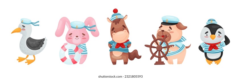 Funny Animal Sailors in Cap and Striped Shirt Vector Set svg