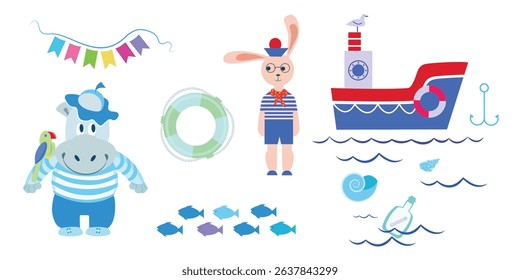 Funny animal sailors in striped shirt vector set. Hippopotamus and hare sailors, boat, waves and marine attributes. Marine collection of animals sailors. 