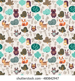 Funny animal seamless pattern with floral background made of wild animals in forest: bear, deer, hedgehog, raccoon, fox, rabbit and owl. Ideal for cards, wallpapers and children room decoration