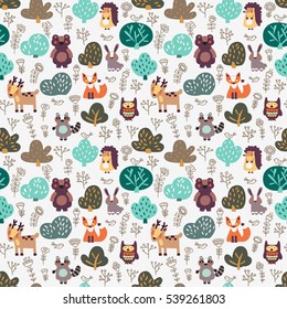 Funny animal seamless pattern with floral background made of wild animals in forest: bear, deer, hedgehog, raccoon, fox, rabbit and owl. Ideal for cards, wallpapers and children room decoration