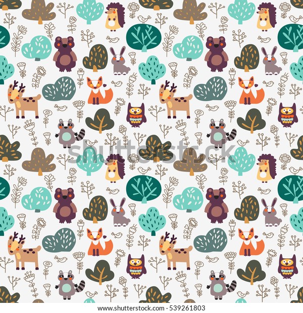 Funny animal seamless pattern with floral background made of wild animals in forest: bear, deer, hedgehog, raccoon, fox, rabbit and owl. Ideal for cards, wallpapers and children room decoration