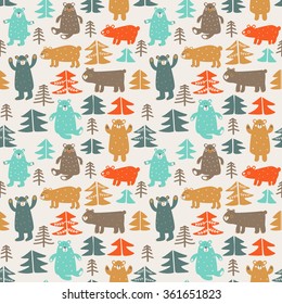 Funny animal seamless pattern made of bears in forest. Ideal for cards, invitations, party, banners, kindergarten, baby shower, preschool and children room decoration. Modern design in pastel colors