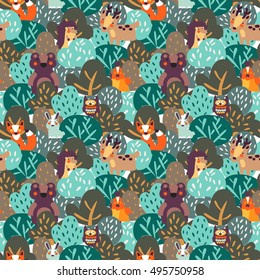 Funny animal seamless pattern made of wild animals in forest: bear, deer, hedgehog, raccoon, fox, rabbit and owl. Ideal for cards, wallpapers and children room decoration