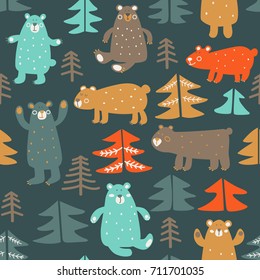 Funny animal seamless pattern made of cute bears in forest