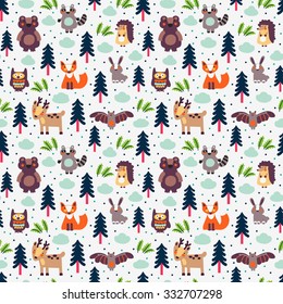 Funny animal seamless pattern with white background made of wild animals in forest: bear, deer, hedgehog, raccoon, fox, rabbit, owl and bat. Ideal for cards, wallpapers and children room decoration