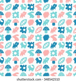 Funny animal seamless. Surface kid decoration with animals, mushrooms, flowers, leaves. Vector illustration.
