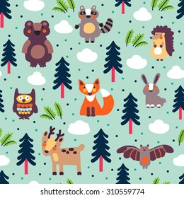 Funny animal seamless vector pattern in modern colors made of wild animals in forest: bear, deer, hedgehog, raccoon, fox, rabbit, owl and bat. Ideal for cards, wallpapers and children room decoration