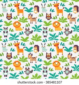Funny animal seamless vector pattern with white background made of wild animals in jungle. Perfect for cards, invitations, party, banners, kindergarten, preschool and children room decoration