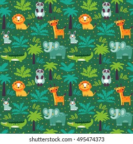 Funny animal seamless vector pattern with white background made of wild animals in jungle. Perfect for cards, invitations, party, banners, kindergarten, preschool and children room decoration