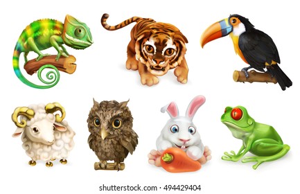 Funny Animal Set. Cartoon Character 3d Vector Icon