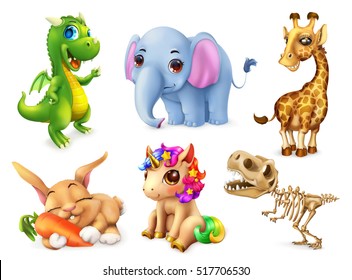 Funny animal set. Happy bunny, rabbit, cute unicorn, small dragon, baby elephant, giraffe, dinosaur. 3d vector icon