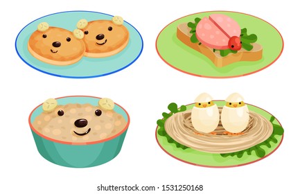 Funny Animal Shaped Dishes With Eyes Vector Isolated Collection