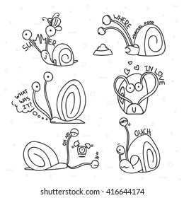 Funny animal story. Snail with emotions, set doodle characters isolated.  Design elements.  Cartoon pets stylish muzzle