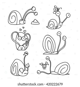 Funny animal story. Snail with emotions, set doodle characters isolated.  Design elements.  Cartoon pets stylish muzzle