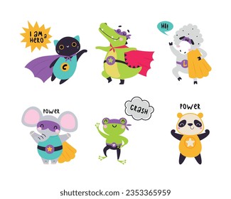 Funny Animal Superhero Dressed in Cape or Cloak Vector Illustration Set