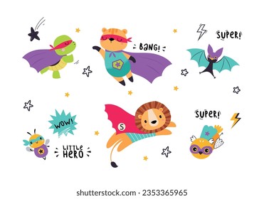 Funny Animal Superhero Dressed in Cape or Cloak Vector Illustration Set