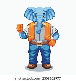 funny animal vector cartoon style of elephant dressed as a builder, character illustration