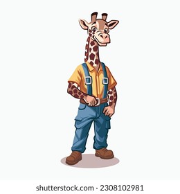 funny animal vector cartoon style of Giraffe dressed as a builder, character illustration
