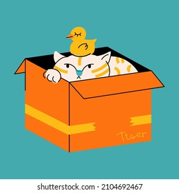 Funny animal vector illustration. The fat cat is hiding in a box. Cute design for print. Hand draw style