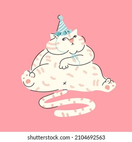 Funny animal vector illustration. A fat cat in a festive cap sits. Cute design for print. Hand draw style