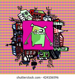 Funny animal walks through the city,bear,fairy bear, monster bear, an imaginary animal, cartoon animal, animal teeth, smile animal, smile like a cat