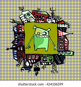 Funny animal walks through the city,bear,fairy bear, monster bear, an imaginary animal, cartoon animal, animal teeth, smile animal, smile like a cat