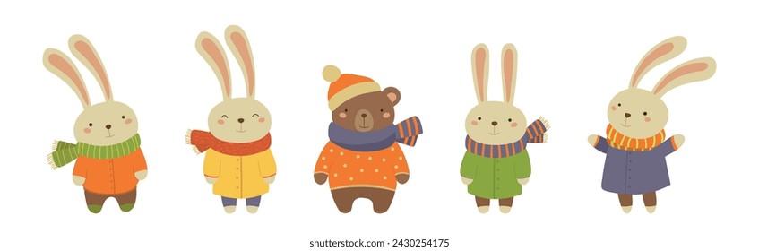 Funny Animal Wearing Warm Clothes and Scarf Vector Set