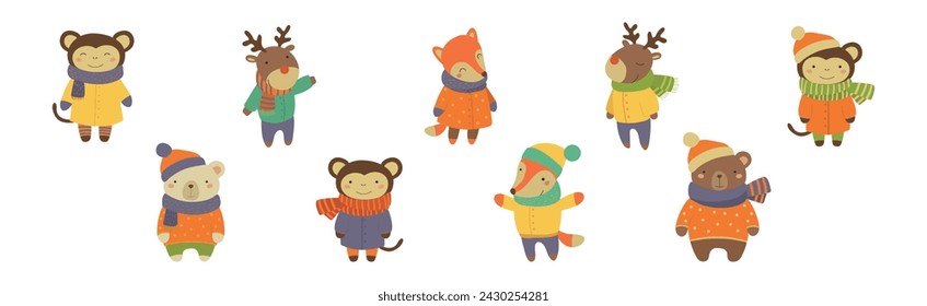 Funny Animal Wearing Warm Clothes and Scarf Vector Set