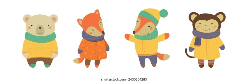 Funny Animal Wearing Warm Clothes and Scarf Vector Set